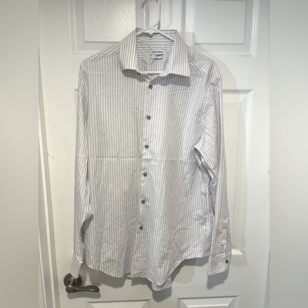 CALVIN KLEIN Men's White Pinstripe Dress Shirt